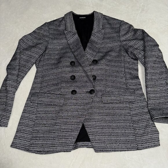 EXPRESS BLACK WHITE TEXTURED METALLIC DOUBLE BREASTED BUTTON BLAZER SIZE LARGE - Picture 1 of 8